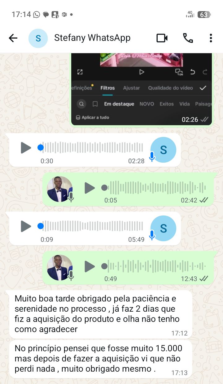 Mensagem de uma cliente satisfeita após adquirir o produto
